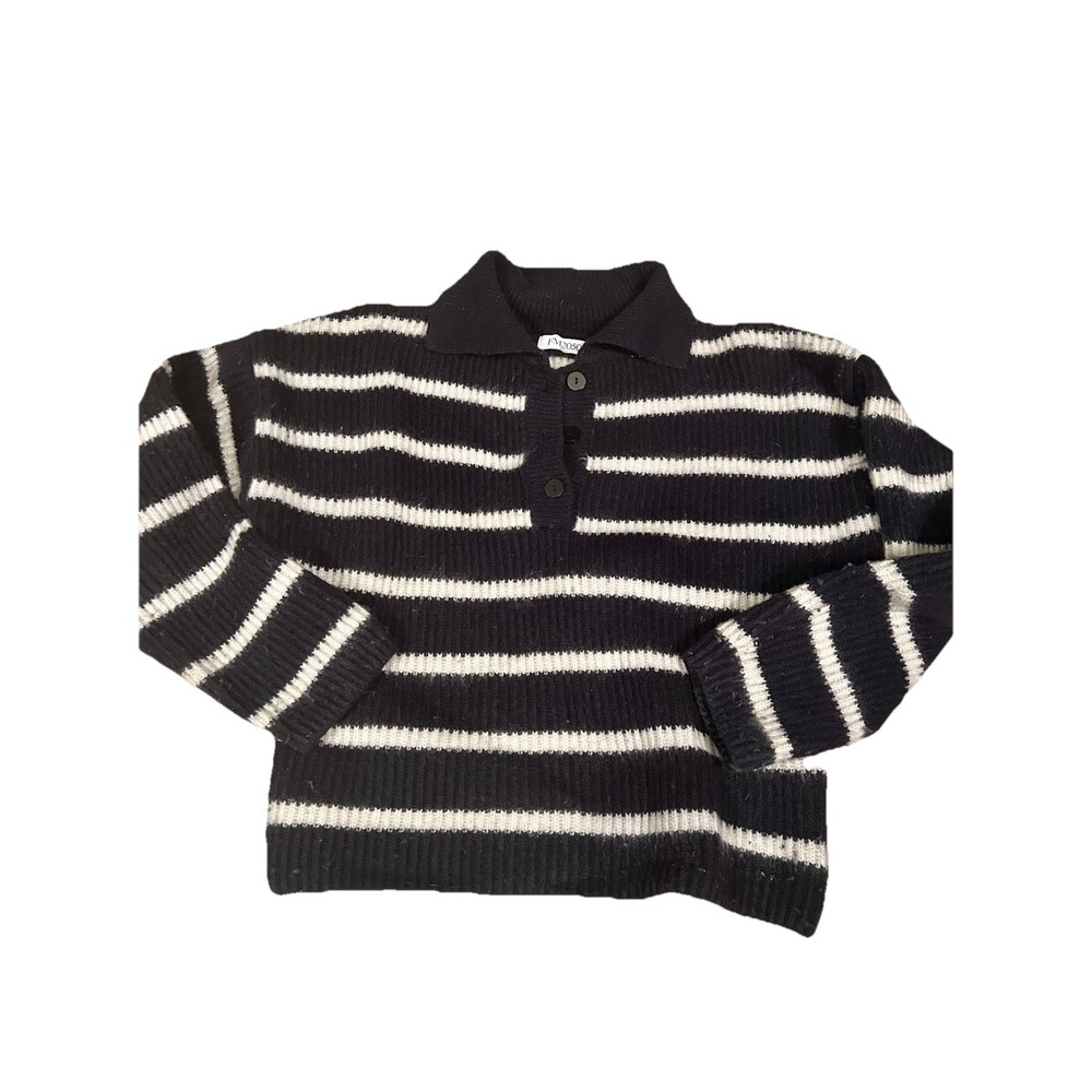 FM2050 Seoul Button Front Heavy Ply Knit Sweater Navy‎ White Stripe Wool Blend